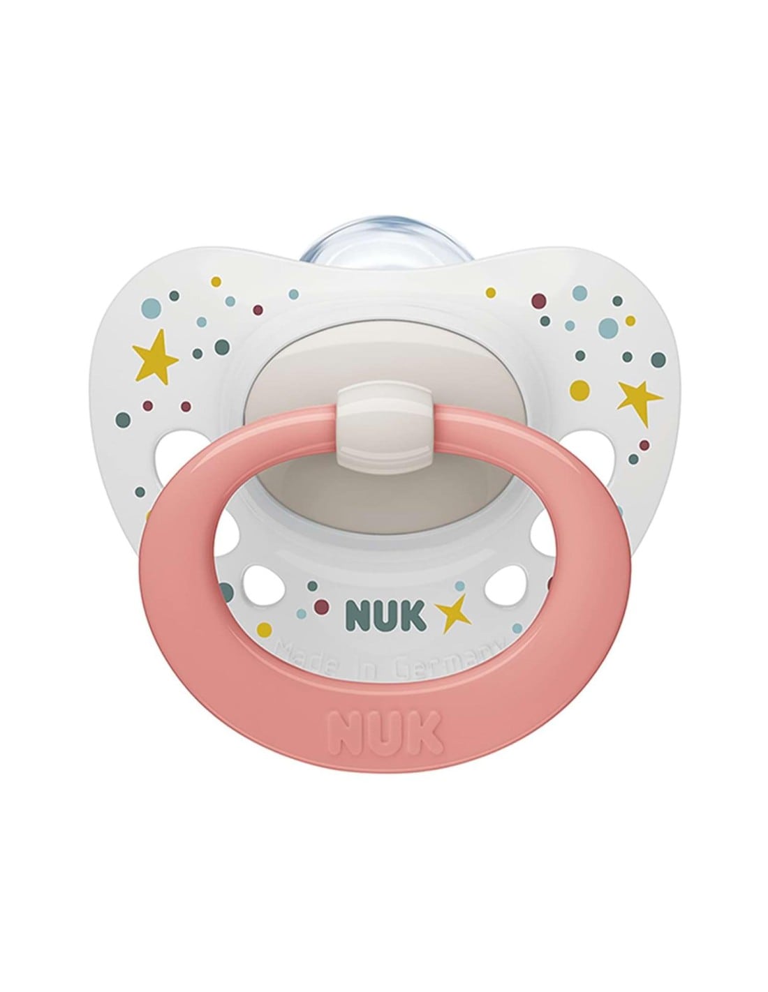 NUK - SIGNATURE Πιπίλα Σιλικόνης 0-6m (λευκή με πολύχρωμα σχέδια ροζ κρίκο)